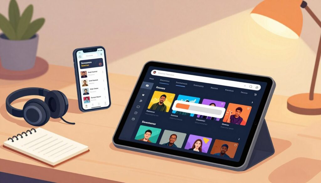 A visually engaging flat lay composition depicting a digital IPTV playlist interface on a sleek tablet surrounded by common troubleshooting tools. In the foreground, the tablet screen displays a vibrant playlist with colorful album art, paused at a loading error message. The middle layer features a smartphone showing streaming apps, a pair of headphones, and a notepad with troubleshooting notes. The background includes a softly illuminated workspace with an organized desk, a potted plant, and a warm, inviting glow from a desk lamp. The mood is analytical and problem-solving, evoking a sense of urgency yet clarity to represent issues related to IPTV playlists not loading. The lighting is bright and focused, enhancing the details of the electronic devices without any intrusive shadows.