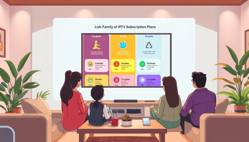 A visually engaging scene depicting a variety of IPTV subscription plans on a large digital screen, showcasing options tailored for different household sizes and viewing habits. In the foreground, a family is gathered around a coffee table, reviewing the plans together, dressed in casual and modest clothing. In the middle, the digital screen displays colorful icons and categories for families, couples, and singles, symbolizing different package options. The background shows a warm, inviting living room with soft lighting, plants, and comfortable furniture, creating a friendly, homely atmosphere. The image should capture the essence of family fun and choice, with a focus on clear visual elements and a welcoming vibe. A visually engaging scene depicting a variety of IPTV subscription plans on a large digital screen, showcasing options tailored for different household sizes and viewing habits. In the foreground, a family is gathered around a coffee table, reviewing the plans together, dressed in casual and modest clothing. In the middle, the digital screen displays colorful icons and categories for families, couples, and singles, symbolizing different package options. The background shows a warm, inviting living room with soft lighting, plants, and comfortable furniture, creating a friendly, homely atmosphere. The image should capture the essence of family fun and choice, with a focus on clear visual elements and a welcoming vibe.