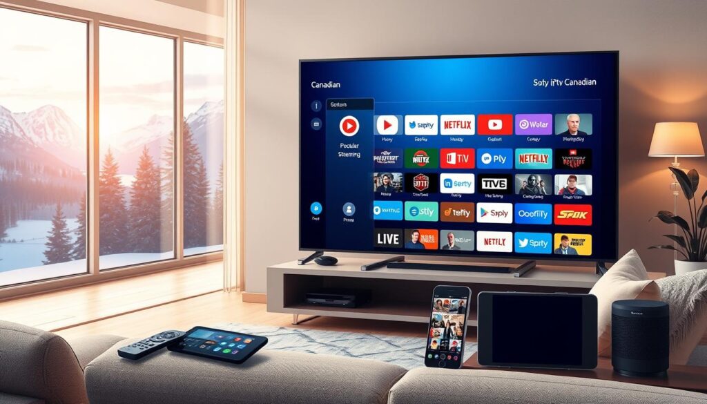 A visually striking collage illustrating the concept of "best IPTV" for a Canadian audience. In the foreground, depict a high-definition smart TV displaying a vibrant user interface with popular streaming options. Surround the TV with various gadgets like a remote control, tablet, and smartphone, all featuring familiar IPTV apps. In the middle ground, show a cozy living room setting with a modern couch and stylish décor, creating an inviting atmosphere. The background reveals a window with a view of a serene Canadian landscape, gently illuminated by soft, warm lighting that enhances relaxation. Use a photorealistic style, emphasizing clarity and detail in the technology while maintaining a calm and professional mood, suitable for prospective IPTV subscribers. A visually striking collage illustrating the concept of "best IPTV" for a Canadian audience. In the foreground, depict a high-definition smart TV displaying a vibrant user interface with popular streaming options. Surround the TV with various gadgets like a remote control, tablet, and smartphone, all featuring familiar IPTV apps. In the middle ground, show a cozy living room setting with a modern couch and stylish décor, creating an inviting atmosphere. The background reveals a window with a view of a serene Canadian landscape, gently illuminated by soft, warm lighting that enhances relaxation. Use a photorealistic style, emphasizing clarity and detail in the technology while maintaining a calm and professional mood, suitable for prospective IPTV subscribers.