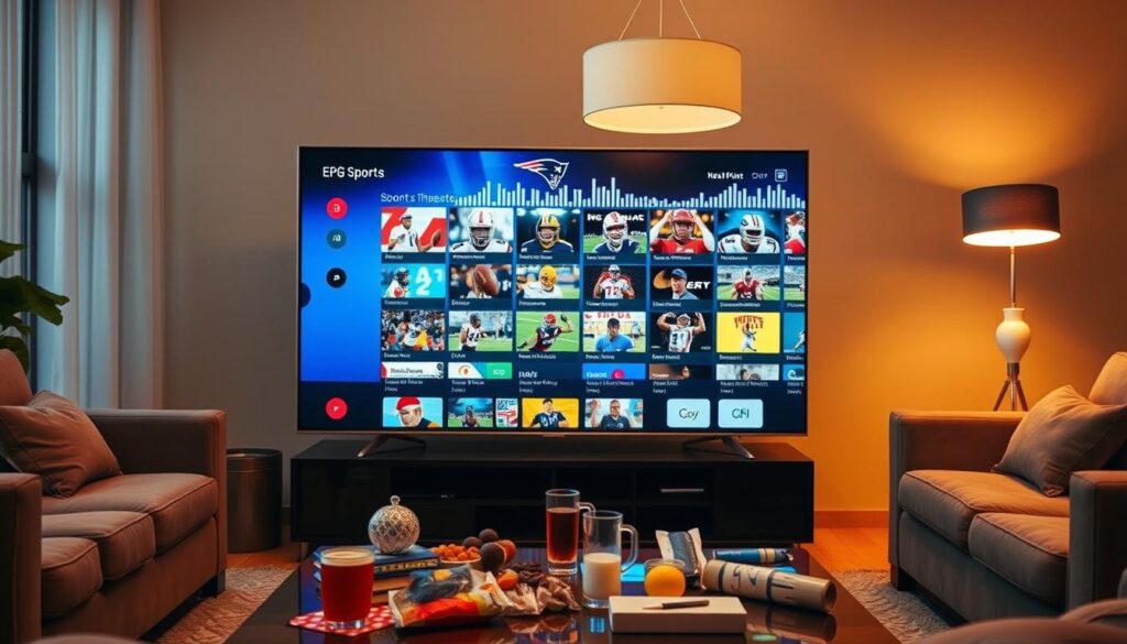 A vivid EPG (Electronic Program Guide) interface displayed on a sleek, modern television screen in a cozy living room. In the foreground, the TV screen prominently shows a colorful EPG layout with various sports channels showcasing live games, scores, and upcoming events. The middle layer features a stylish coffee table cluttered with snacks and drinks, adding a casual viewing atmosphere. In the background, warm lighting from a stylish lamp creates a relaxed ambiance, while plush sofas invite viewers to gather. The scene captures excitement and ease of accessing sports streaming, highlighting the must-have features for an enhanced sports viewing experience. The overall mood is inviting and engaging, perfect for sports enthusiasts. A vivid EPG (Electronic Program Guide) interface displayed on a sleek, modern television screen in a cozy living room. In the foreground, the TV screen prominently shows a colorful EPG layout with various sports channels showcasing live games, scores, and upcoming events. The middle layer features a stylish coffee table cluttered with snacks and drinks, adding a casual viewing atmosphere. In the background, warm lighting from a stylish lamp creates a relaxed ambiance, while plush sofas invite viewers to gather. The scene captures excitement and ease of accessing sports streaming, highlighting the must-have features for an enhanced sports viewing experience. The overall mood is inviting and engaging, perfect for sports enthusiasts.