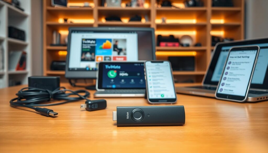 An organized workspace showcasing Fire TV Stick preparation. In the foreground, a sleek black Fire TV Stick is prominently displayed on a wooden table, surrounded by essential items: an HDMI cable, a power adapter, and a laptop with the TiviMate website open on its screen. The middle layer reveals a tablet with an internet speed test result visible, indicating a stable connection, and a smartphone displaying a checklist of necessary items, all in vibrant colors. In the background, softly lit shelves are lined with tech gadgets, creating a cozy, tech-savvy atmosphere. The lighting is warm and inviting, casting gentle shadows and adding depth. The angle is slightly overhead, allowing a clear view of the setup, evoking a sense of readiness and excitement for the installation process. An organized workspace showcasing Fire TV Stick preparation. In the foreground, a sleek black Fire TV Stick is prominently displayed on a wooden table, surrounded by essential items: an HDMI cable, a power adapter, and a laptop with the TiviMate website open on its screen. The middle layer reveals a tablet with an internet speed test result visible, indicating a stable connection, and a smartphone displaying a checklist of necessary items, all in vibrant colors. In the background, softly lit shelves are lined with tech gadgets, creating a cozy, tech-savvy atmosphere. The lighting is warm and inviting, casting gentle shadows and adding depth. The angle is slightly overhead, allowing a clear view of the setup, evoking a sense of readiness and excitement for the installation process.