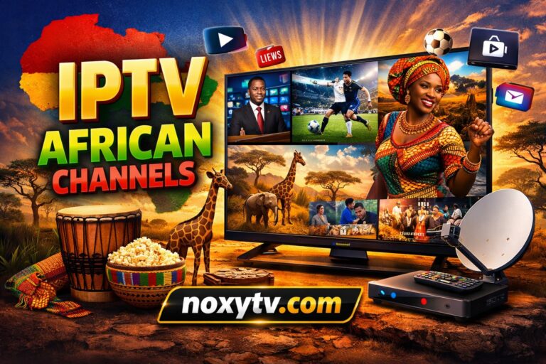 IPTV African channels 2026 streaming setup with satellite dish and TV display