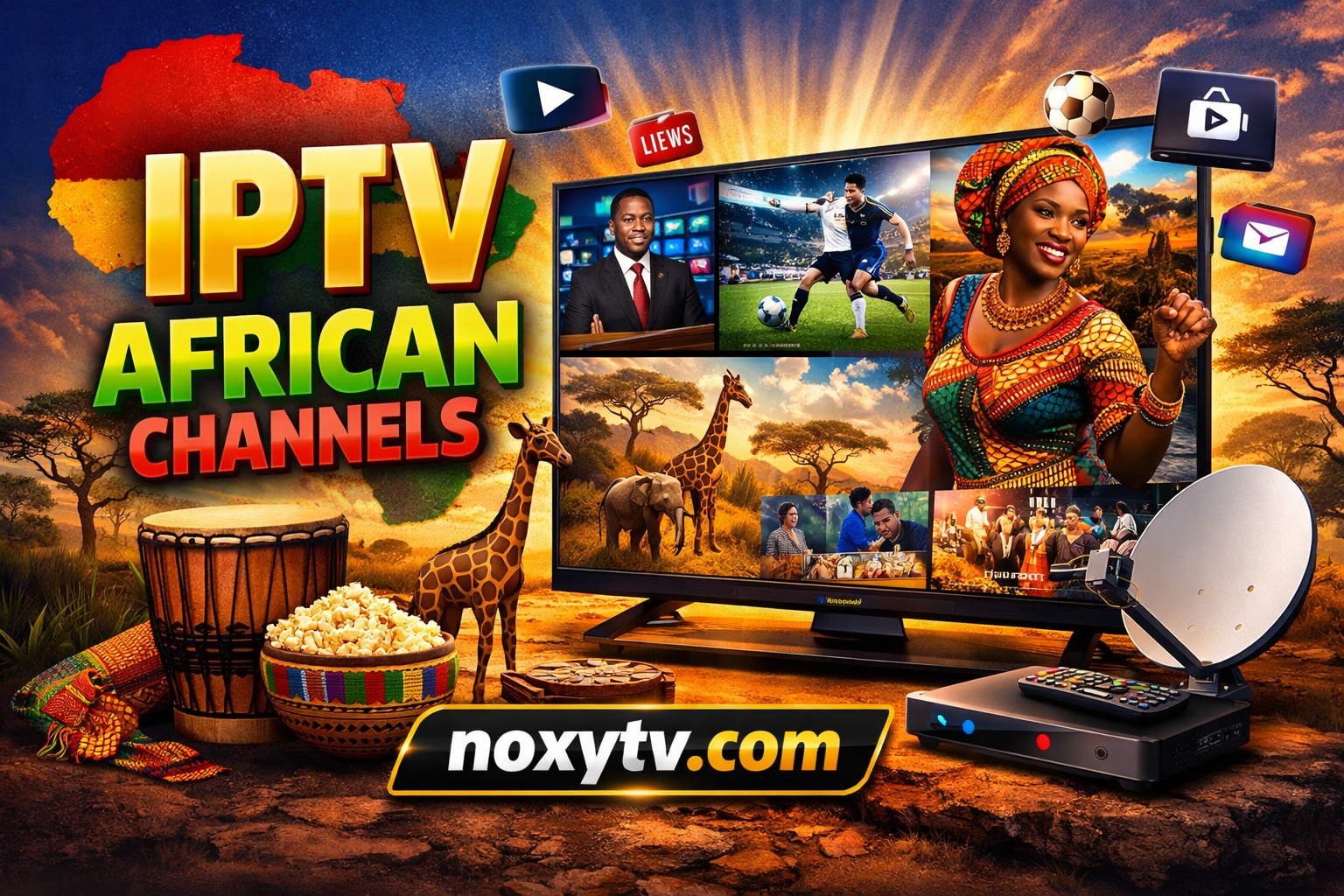 IPTV African channels 2026 streaming setup with satellite dish and TV display