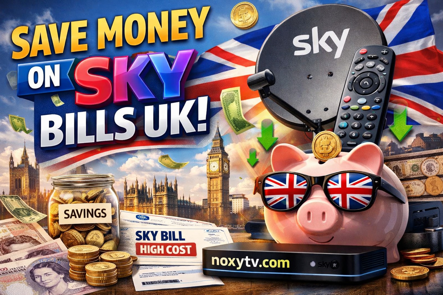 Save money on Sky bills UK 2026 with noxytv.com guide and piggy bank savings